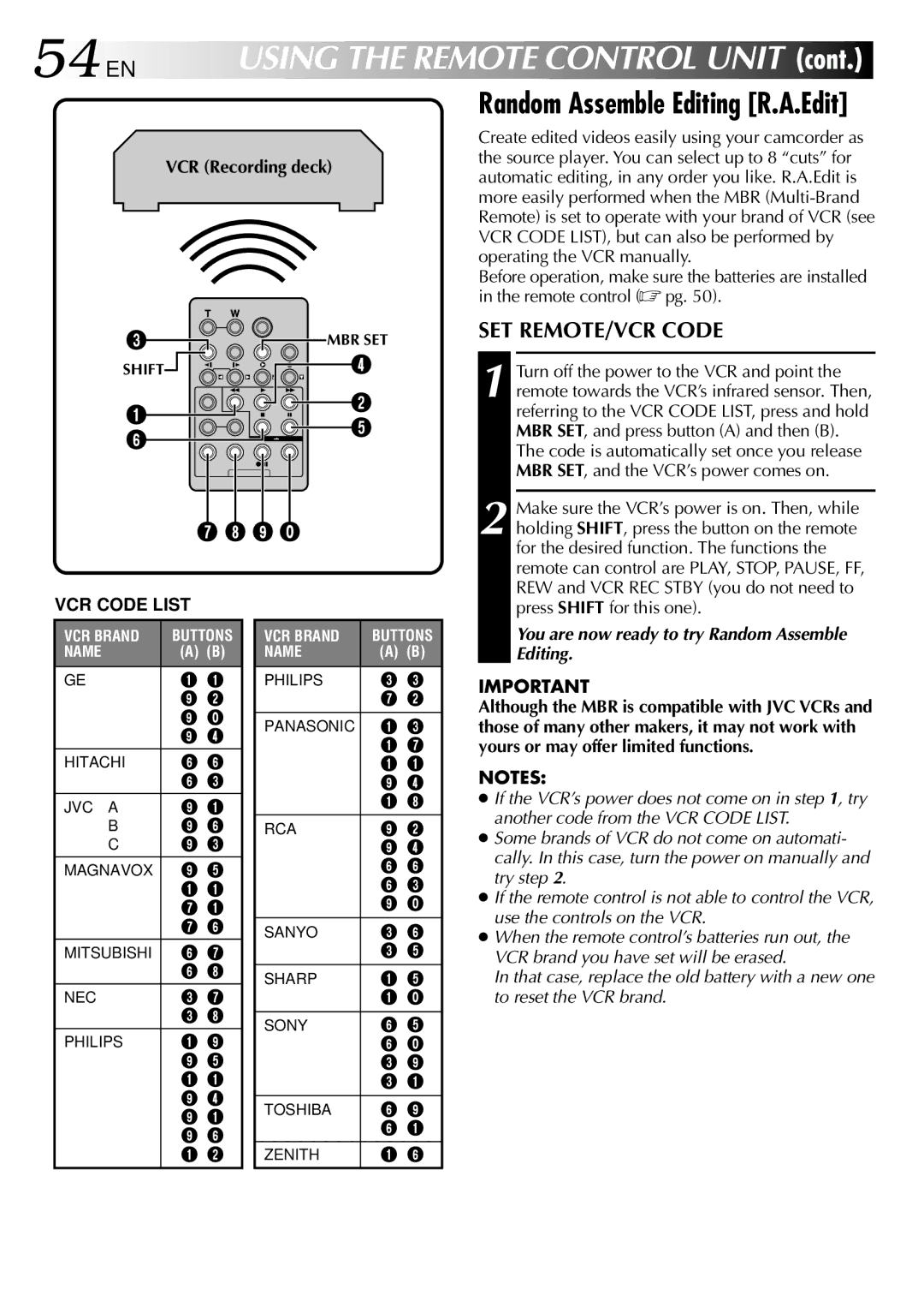 JVC GR-DVL505, GR-DVL805 specifications 54 EN, Random Assemble Editing R.A.Edit, SET REMOTE/VCR Code 