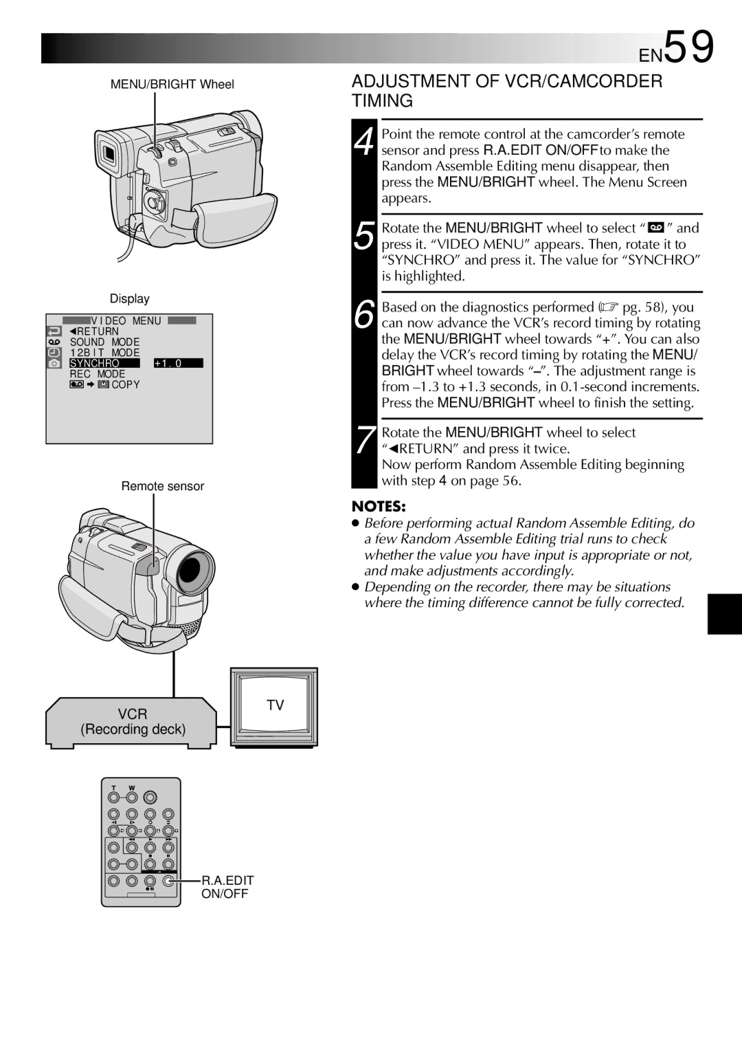 JVC GR-DVL805, GR-DVL505 specifications EN59, Adjustment of VCR/CAMCORDER Timing 