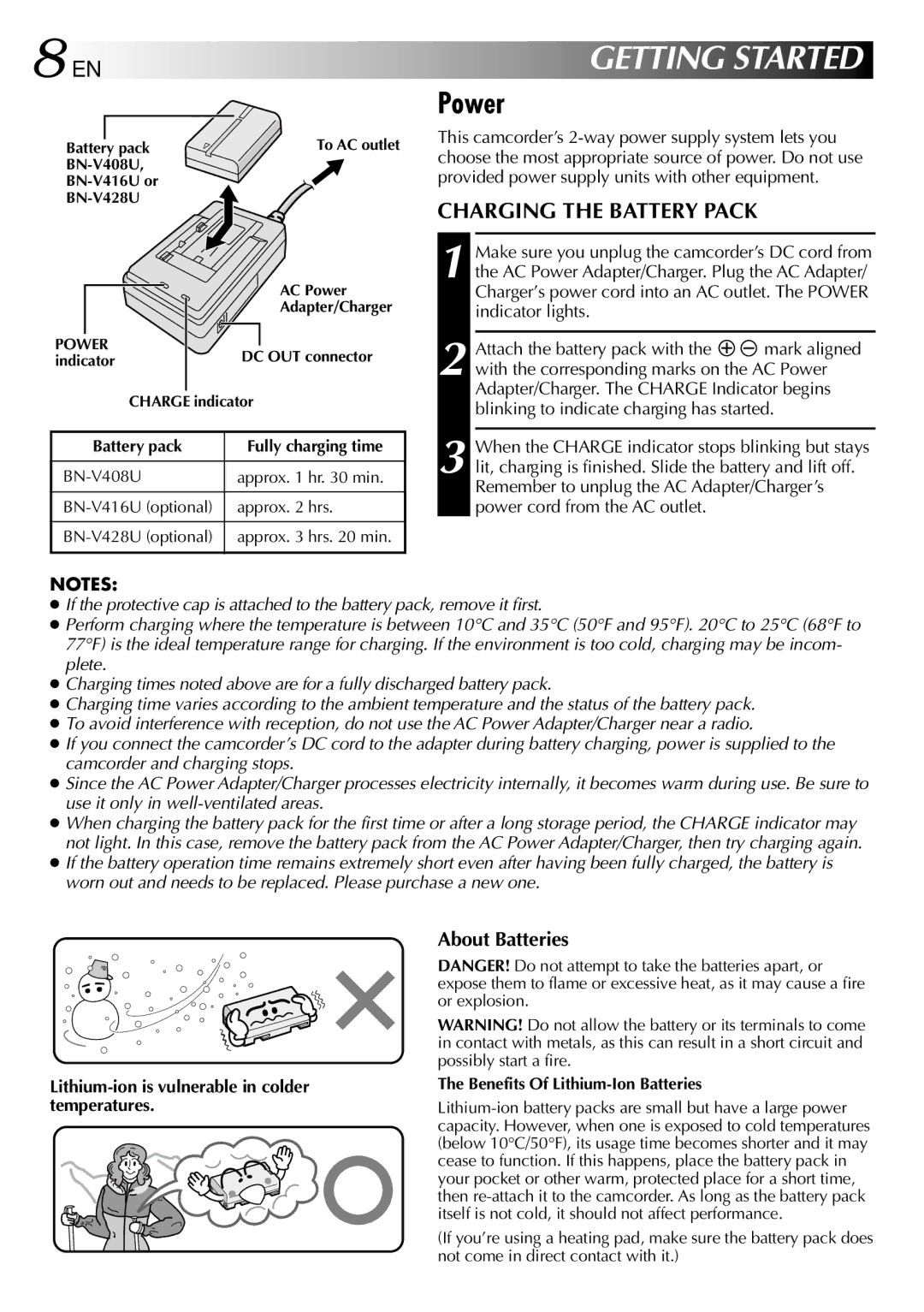 JVC GR-DVL505 Power, Charging the Battery Pack, About Batteries, Lithium-ion is vulnerable in colder temperatures 