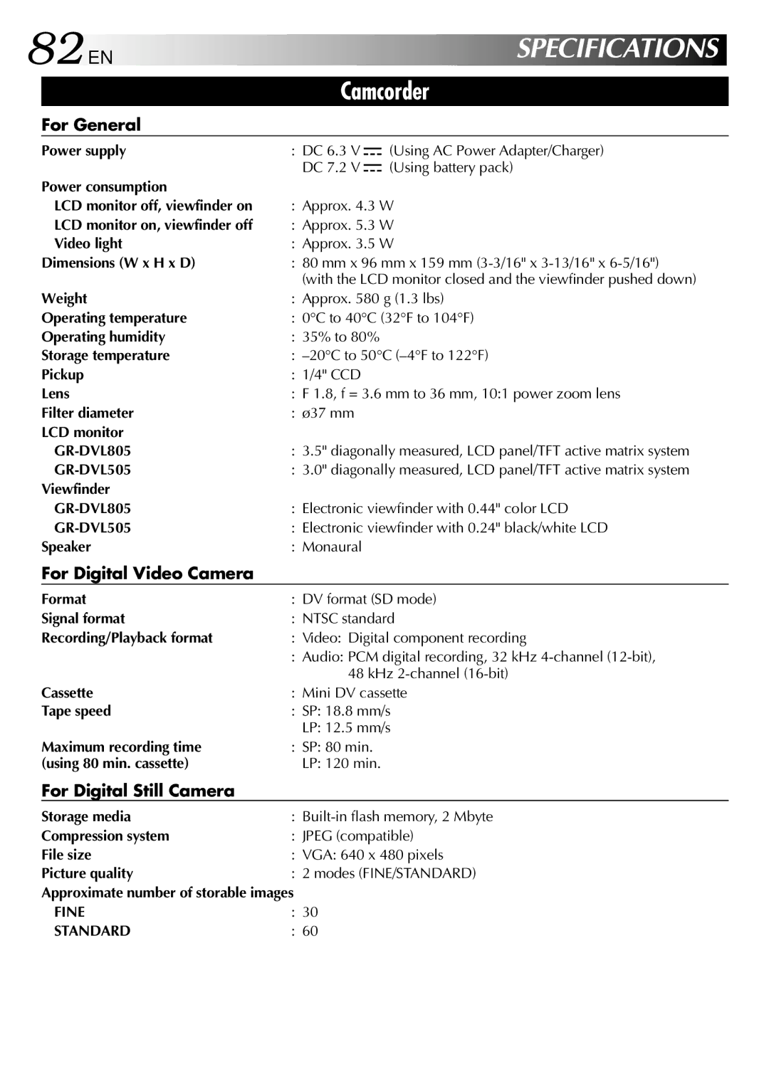 JVC GR-DVL505, GR-DVL805 specifications 82 EN, For General, For Digital Video Camera, For Digital Still Camera 