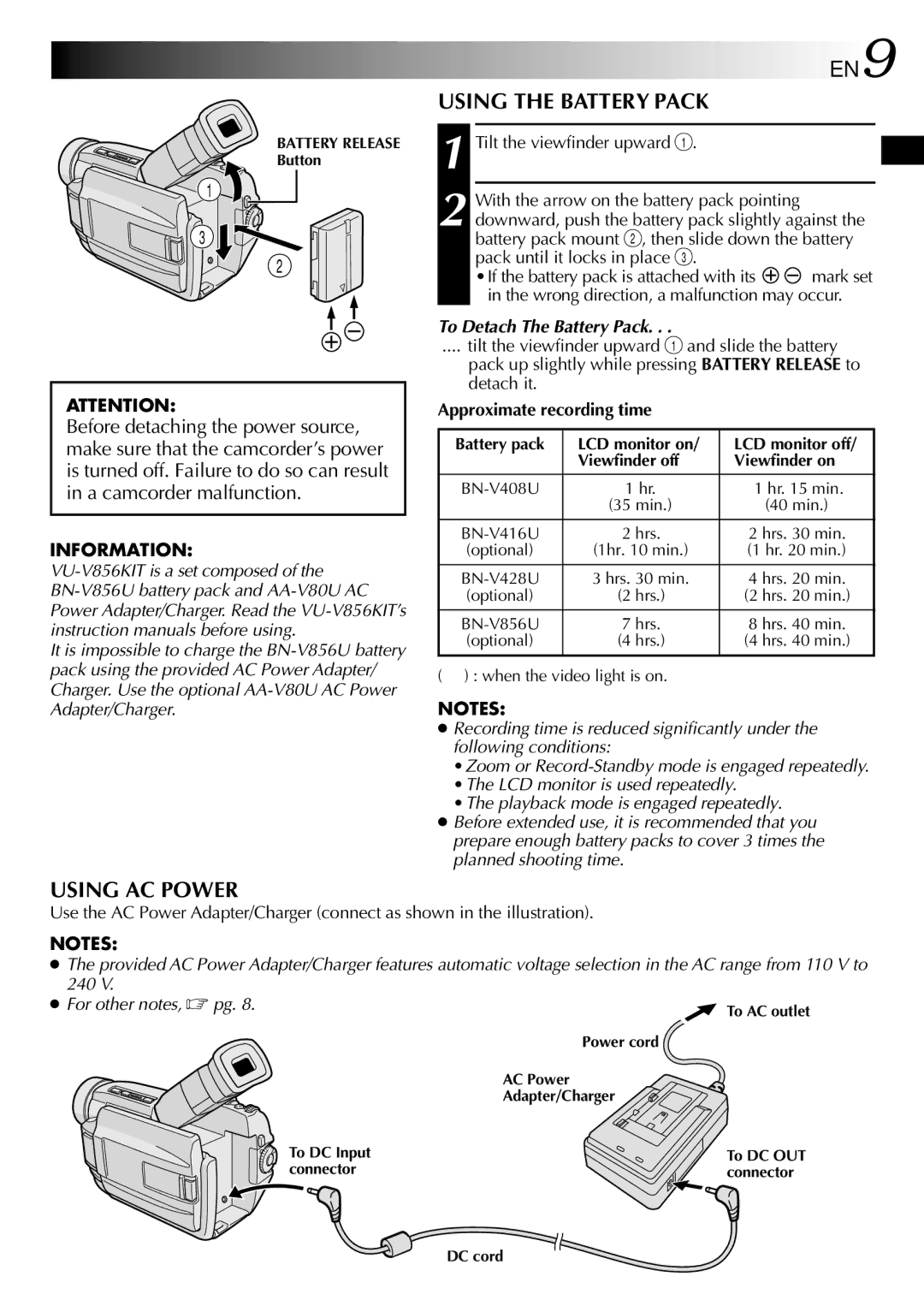 JVC GR-DVL805, GR-DVL505 Using the Battery Pack, Using AC Power, To Detach The Battery Pack, Approximate recording time 