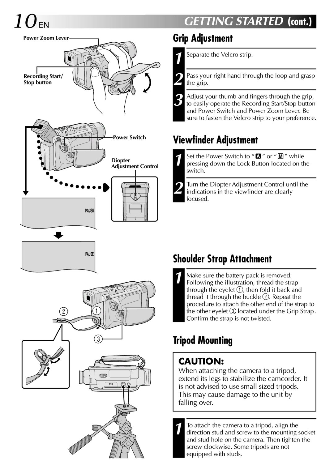 JVC GR-DVL512 specifications 10 EN, Grip Adjustment, Viewfinder Adjustment, Shoulder Strap Attachment, Tripod Mounting 