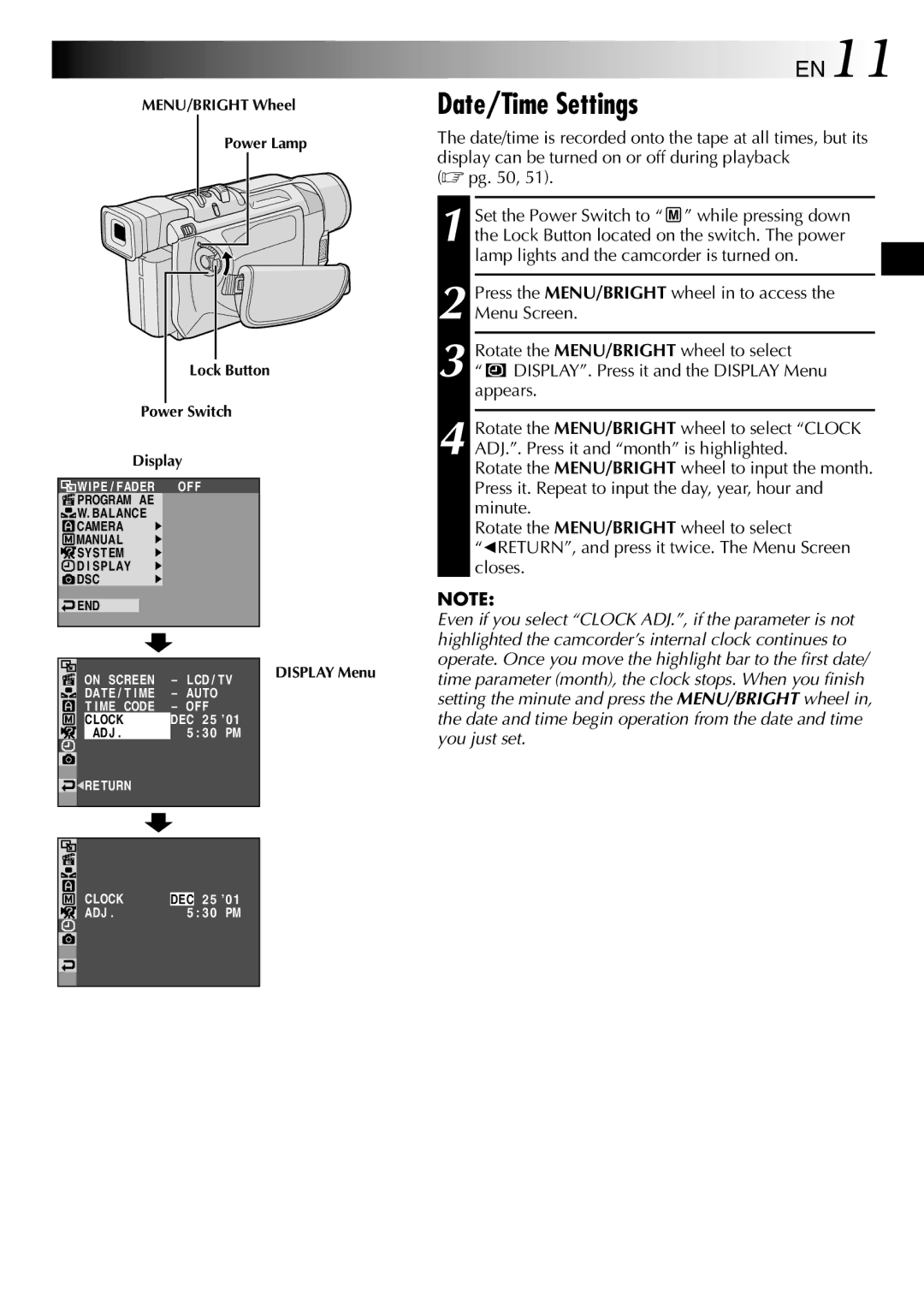 JVC GR-DVL512 specifications Date/Time Settings, EN11 