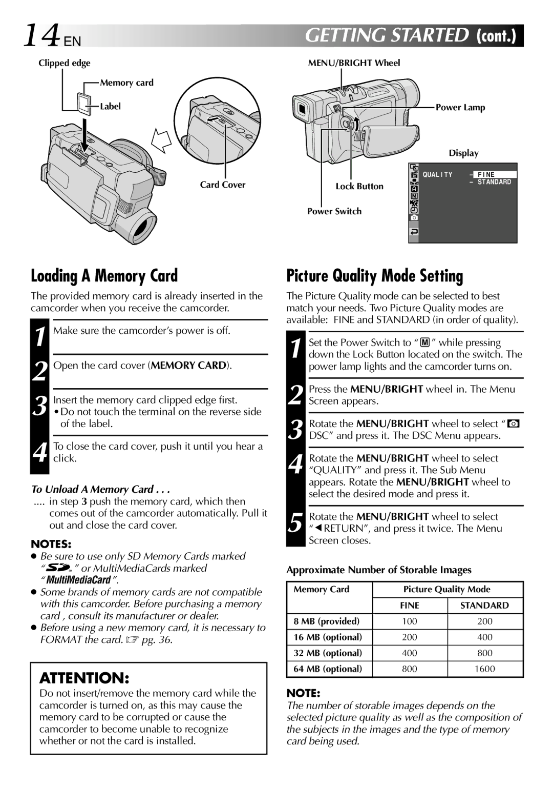 JVC GR-DVL512 specifications Loading a Memory Card, Picture Quality Mode Setting, To Unload a Memory Card 