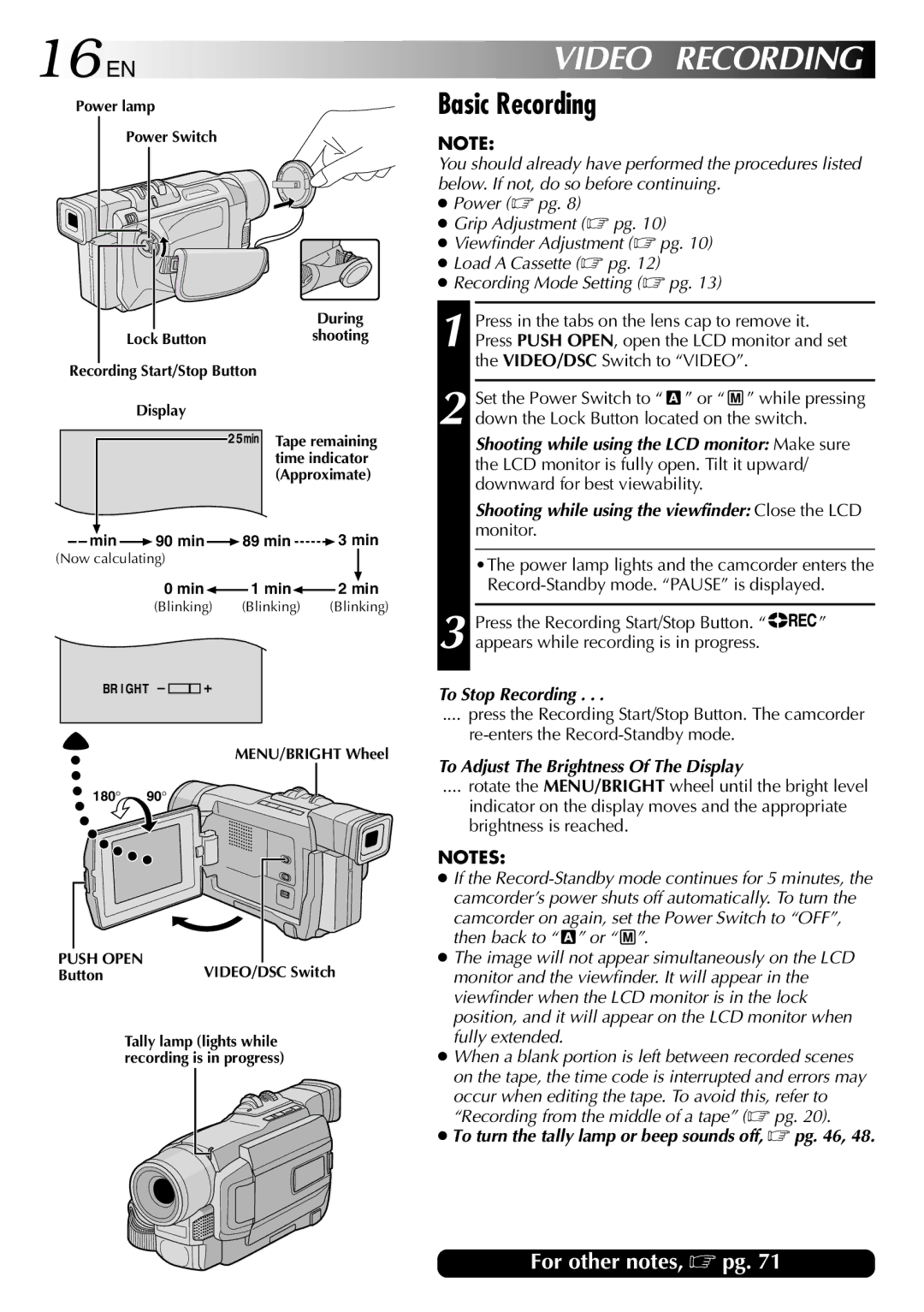 JVC GR-DVL512 16 EN, Video Recording, Basic Recording, To Stop Recording, To Adjust The Brightness Of The Display 