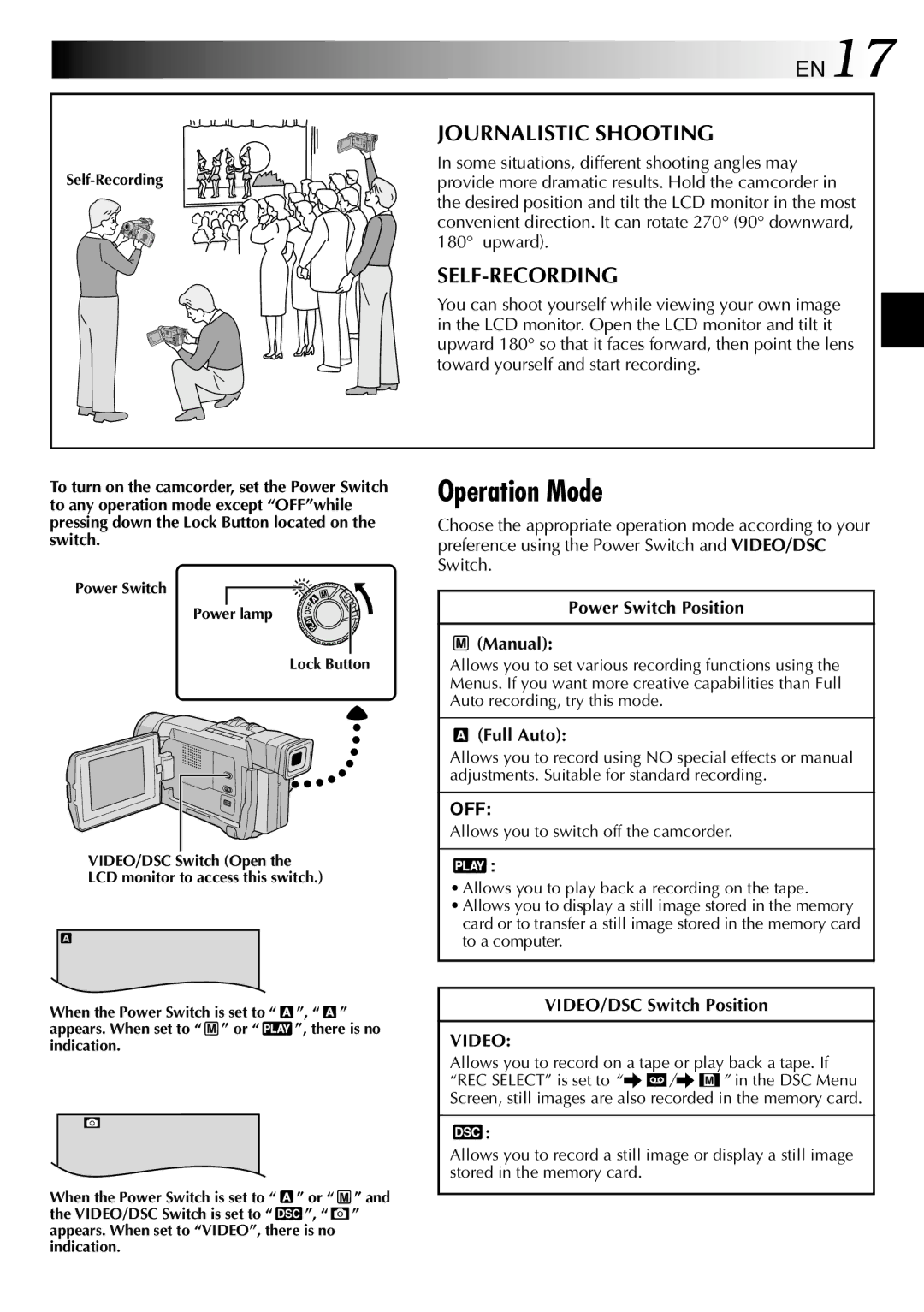 JVC GR-DVL512 specifications Operation Mode, EN17, Journalistic Shooting, Self-Recording 