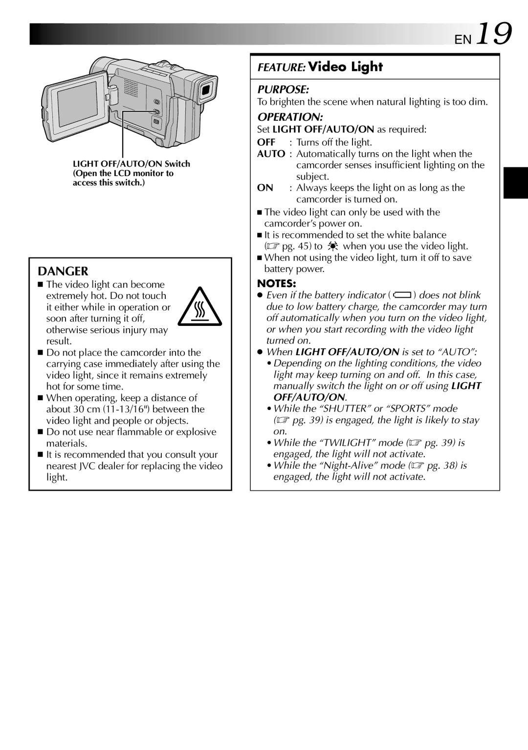 JVC GR-DVL512 specifications EN19, Feature Video Light, To brighten the scene when natural lighting is too dim 