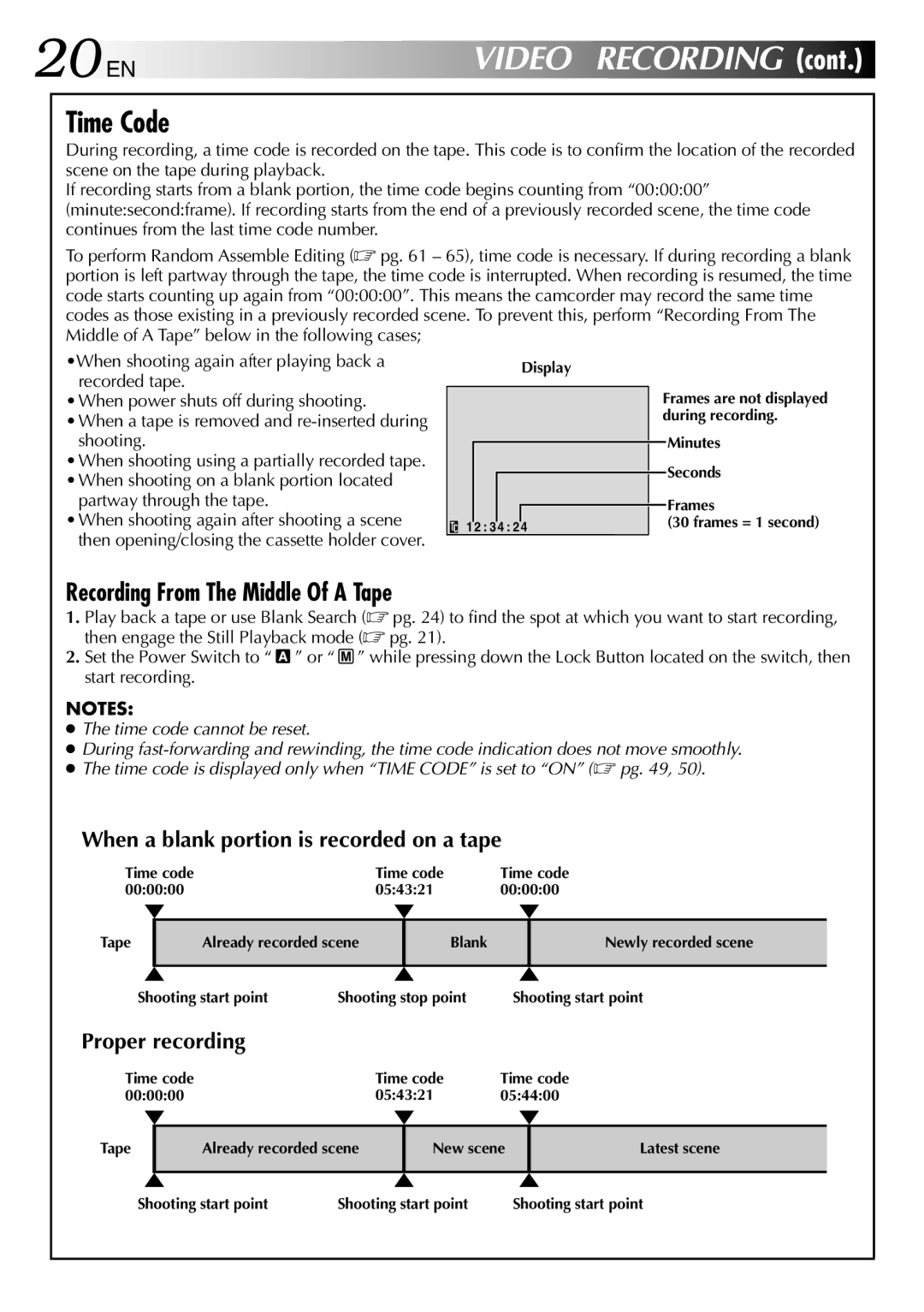 JVC GR-DVL512 specifications 20 EN, Time Code, When a blank portion is recorded on a tape, Proper recording 