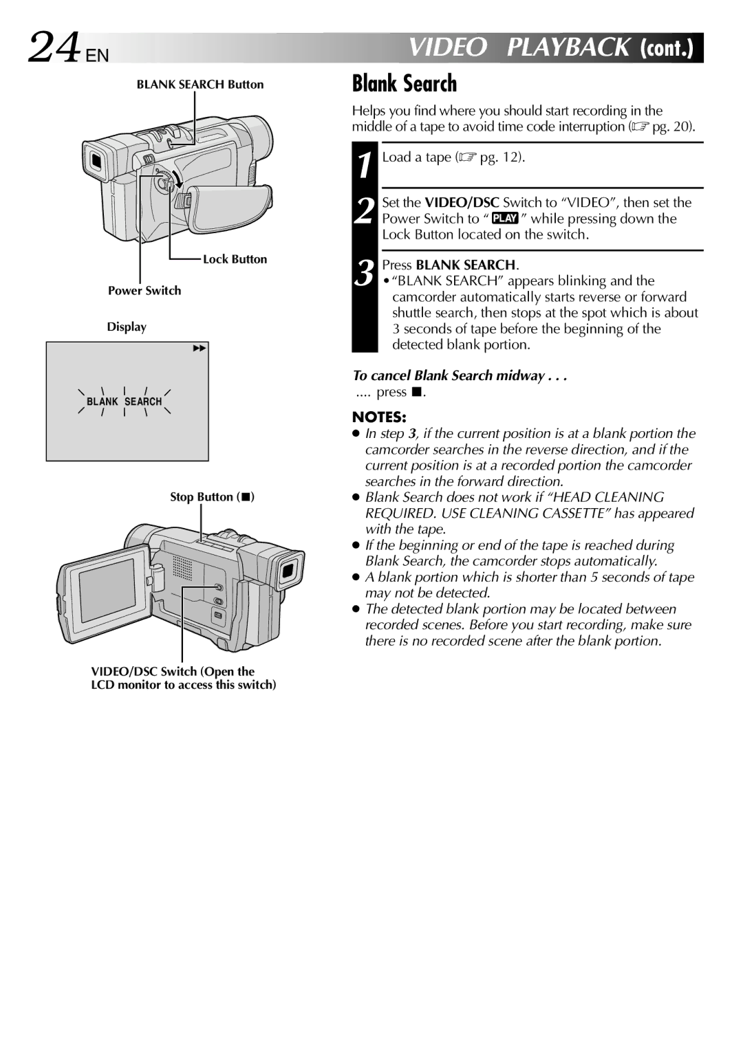 JVC GR-DVL512 specifications 24 EN, Press Blank Search, To cancel Blank Search midway 