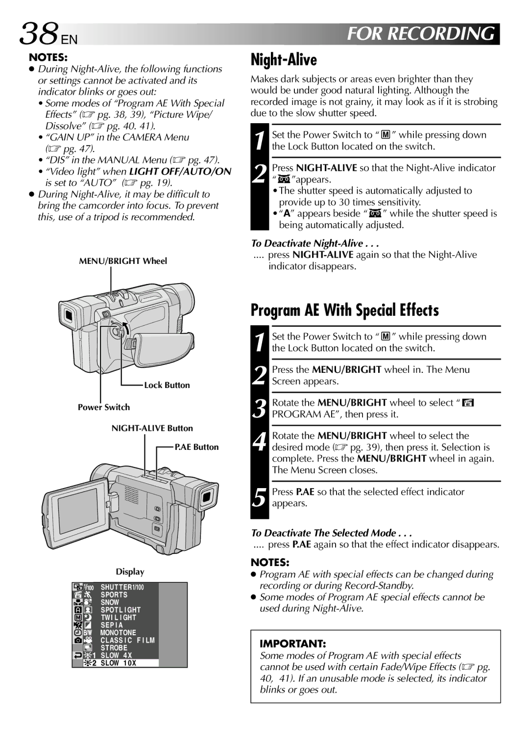 JVC GR-DVL512 specifications 38 EN, For Recording, Night-Alive, Program AE With Special Effects 