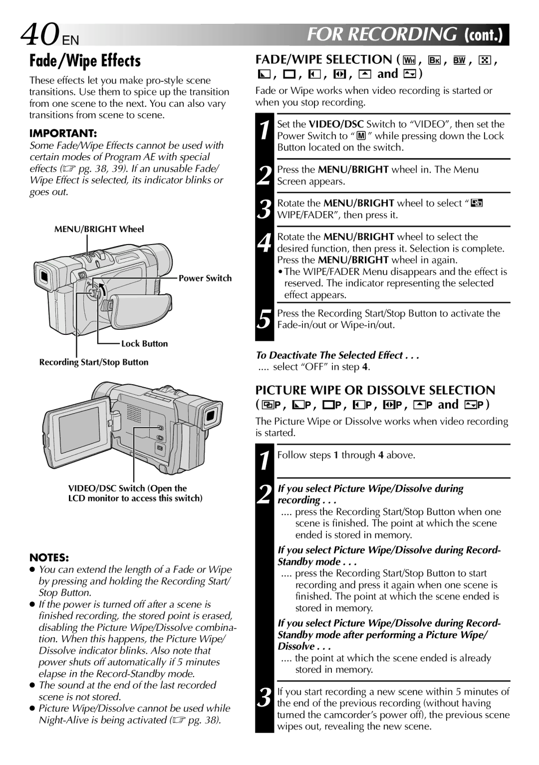 JVC GR-DVL512 specifications 40 EN, Fade/Wipe Effects, FADE/WIPE Selection, Picture Wipe or Dissolve Selection 