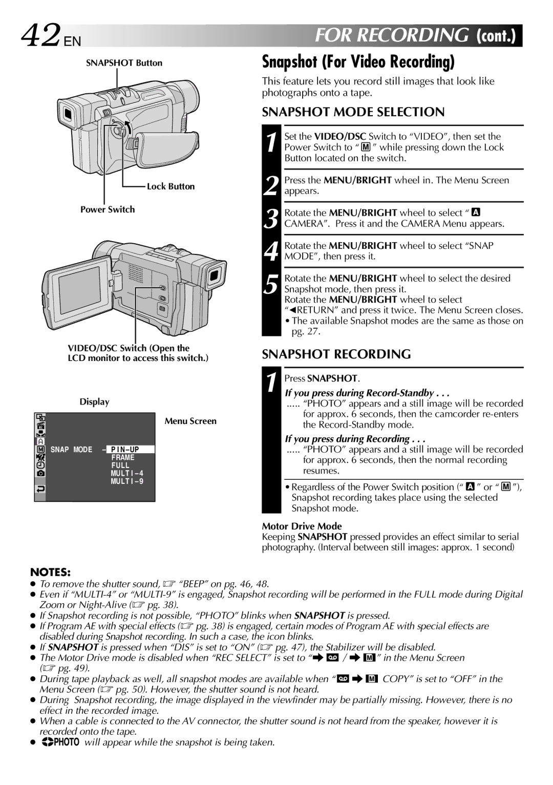 JVC GR-DVL512 specifications 42 EN, Snapshot For Video Recording 