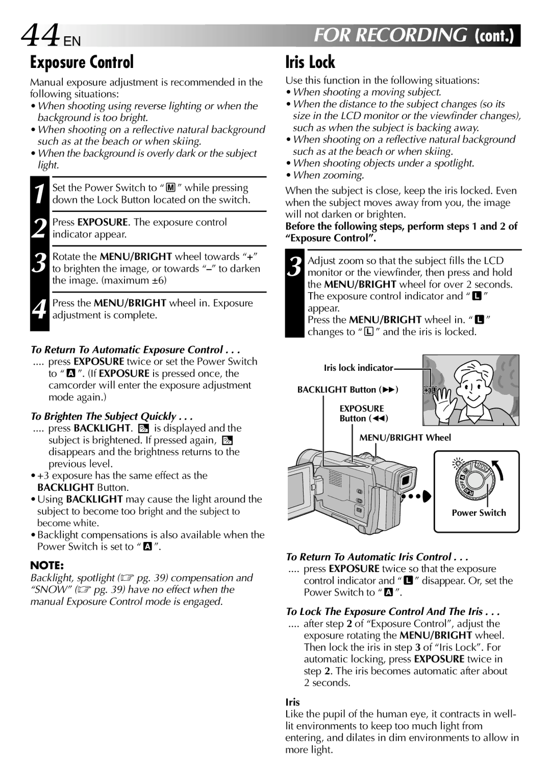 JVC GR-DVL512 specifications 44 EN, Exposure Control, Iris Lock 