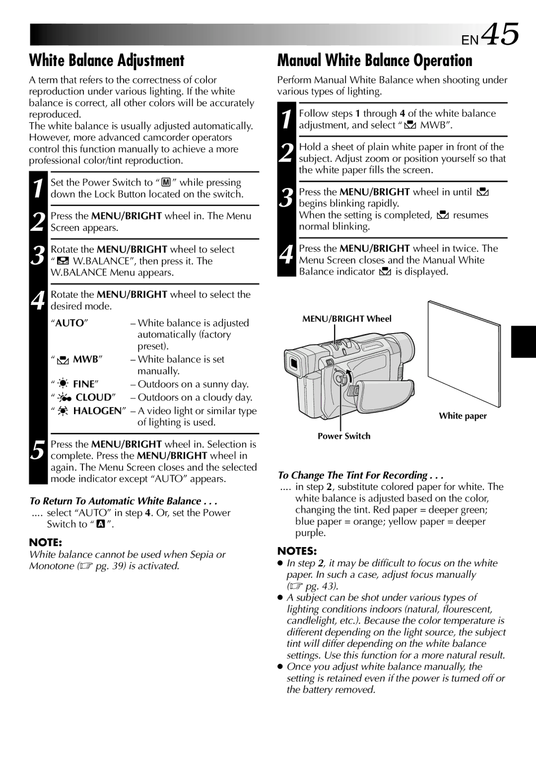 JVC GR-DVL512 White Balance Adjustment, Manual White Balance Operation, EN45, To Return To Automatic White Balance 