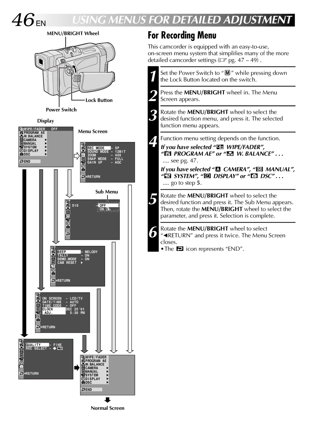 JVC GR-DVL512 specifications EN Using Menus for Detailed Adjustment, For Recording Menu, SYSTEM, Display or DSC 