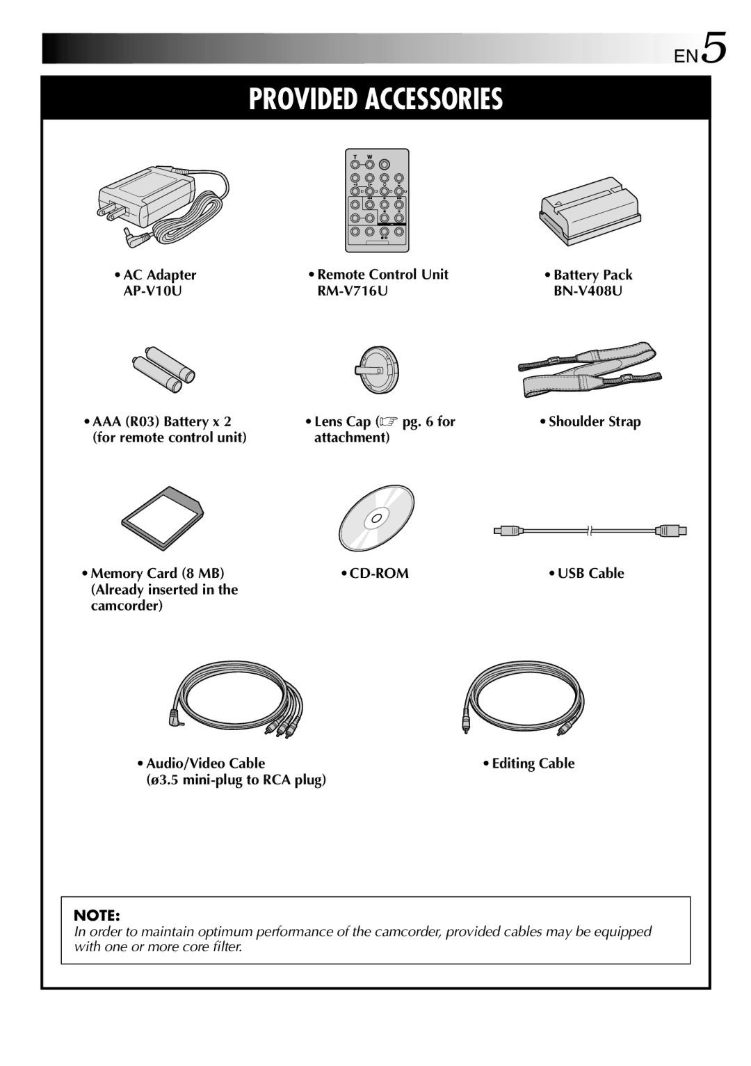 JVC GR-DVL512 Remote Control Unit, RM-V716U BN-V408U AAA R03 Battery x Lens Cap  pg for, Ø3.5 mini-plug to RCA plug 