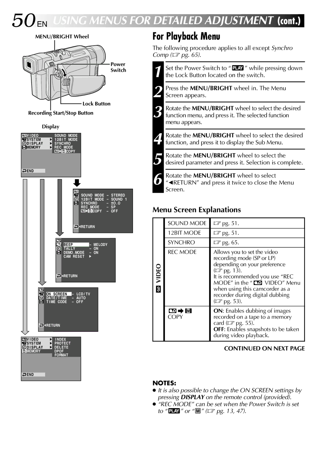 JVC GR-DVL512 specifications For Playback Menu, Following procedure applies to all except Synchro Comp  pg 