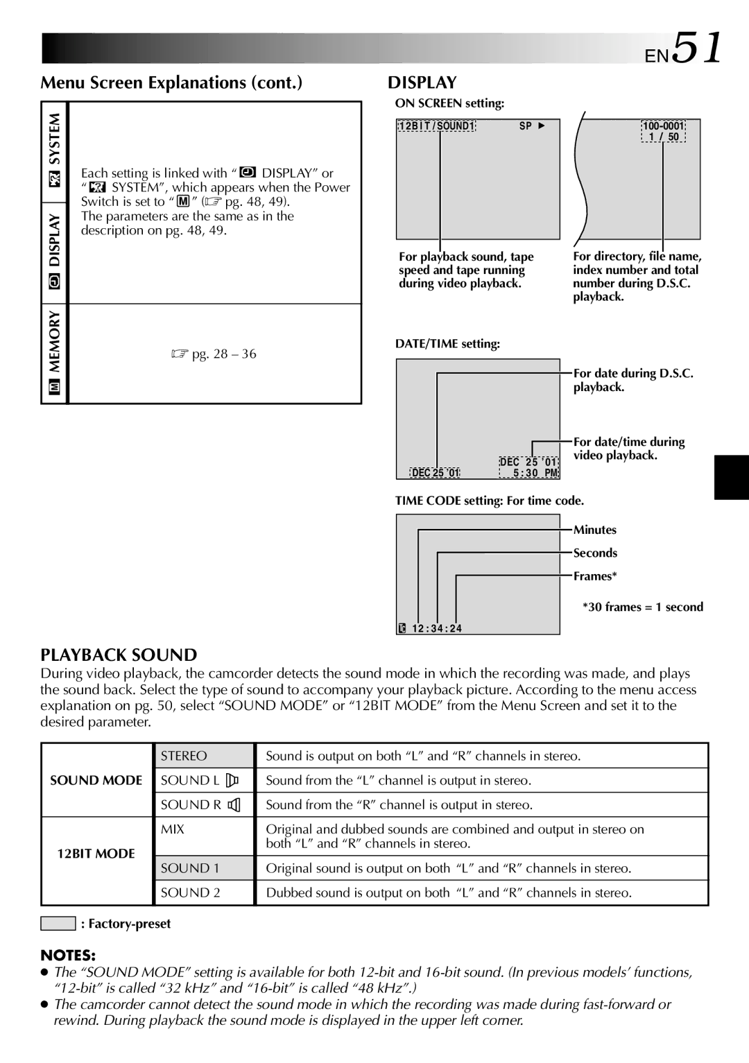 JVC GR-DVL512 specifications Display, EN51, Playback Sound 