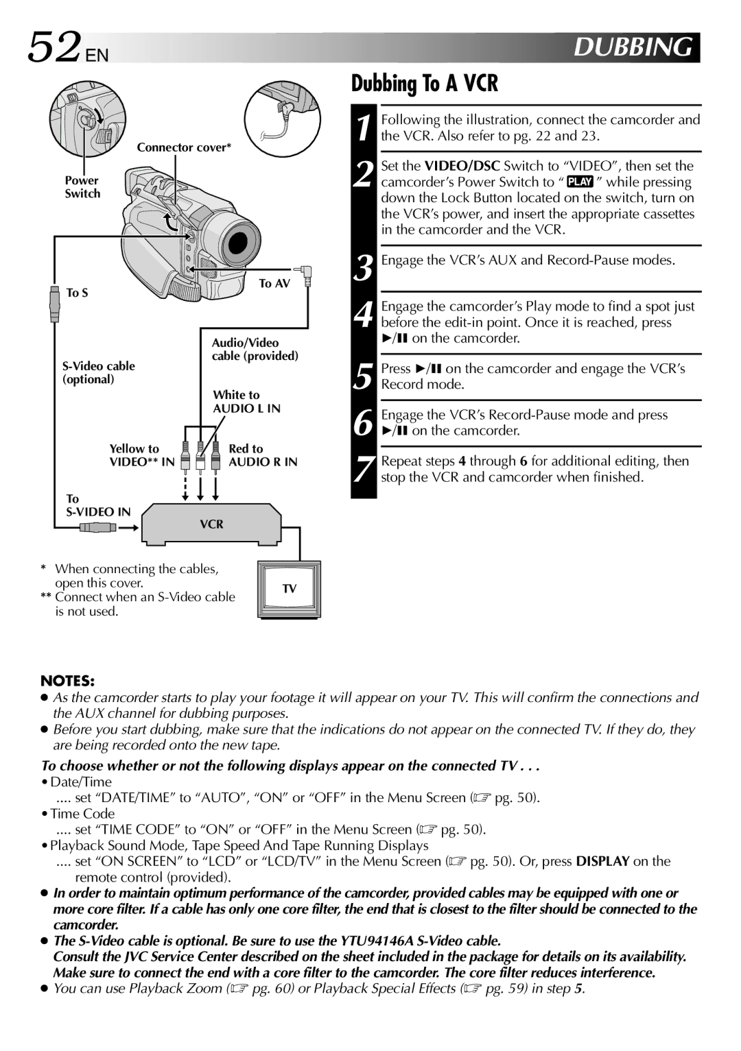 JVC GR-DVL512 specifications 52 EN, Dubbing To a VCR 