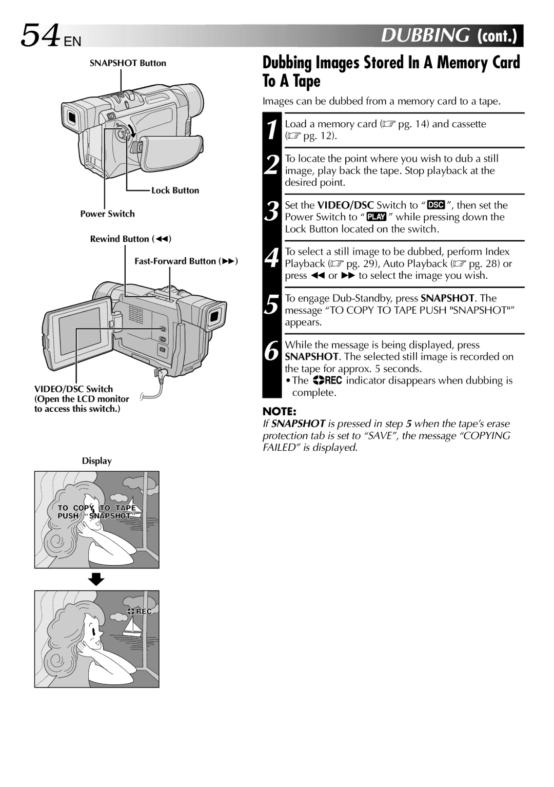 JVC GR-DVL512 specifications 54 EN, Dubbing Images Stored In a Memory Card To a Tape 