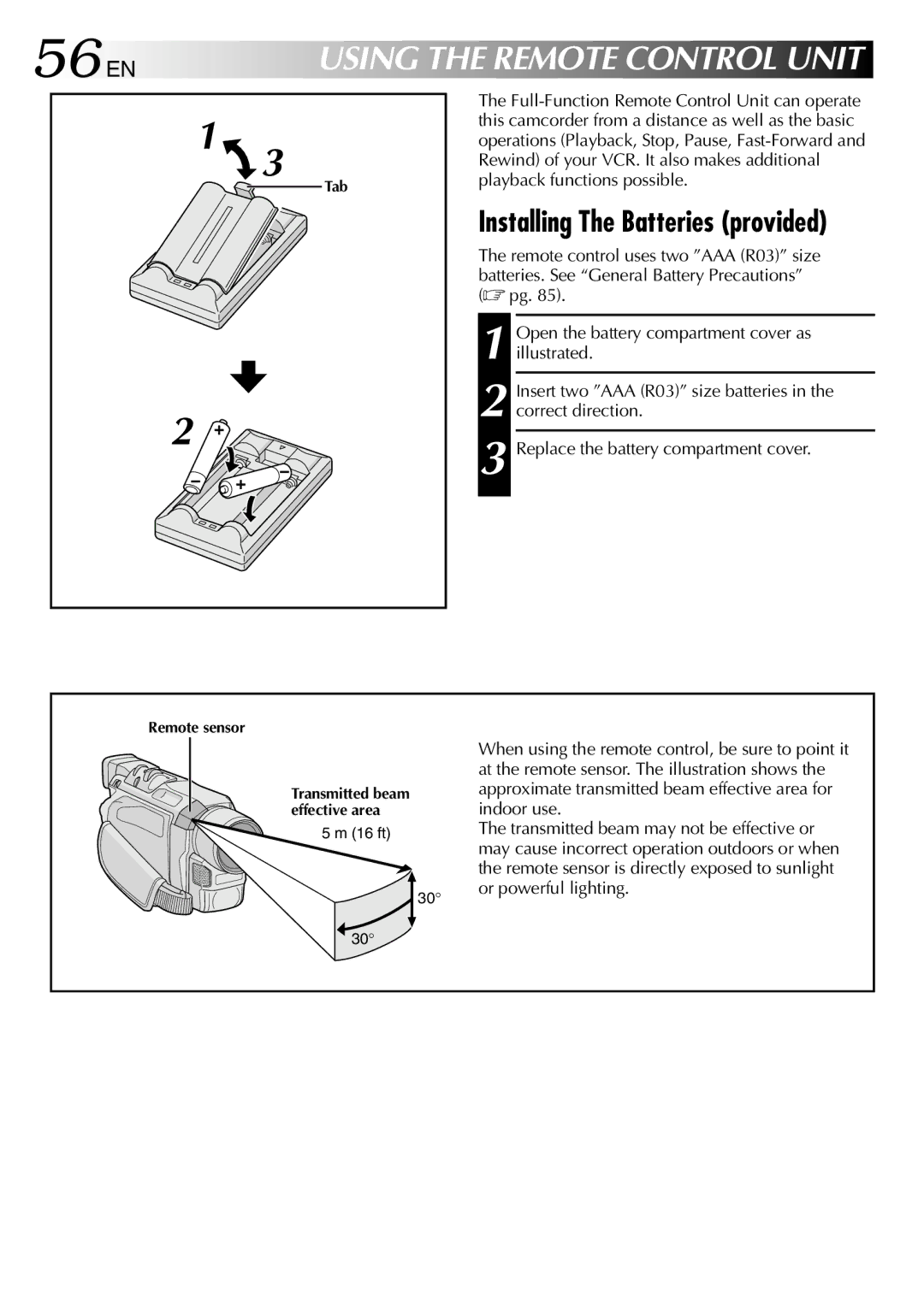 JVC GR-DVL512 specifications 56 EN, Installing The Batteries provided 