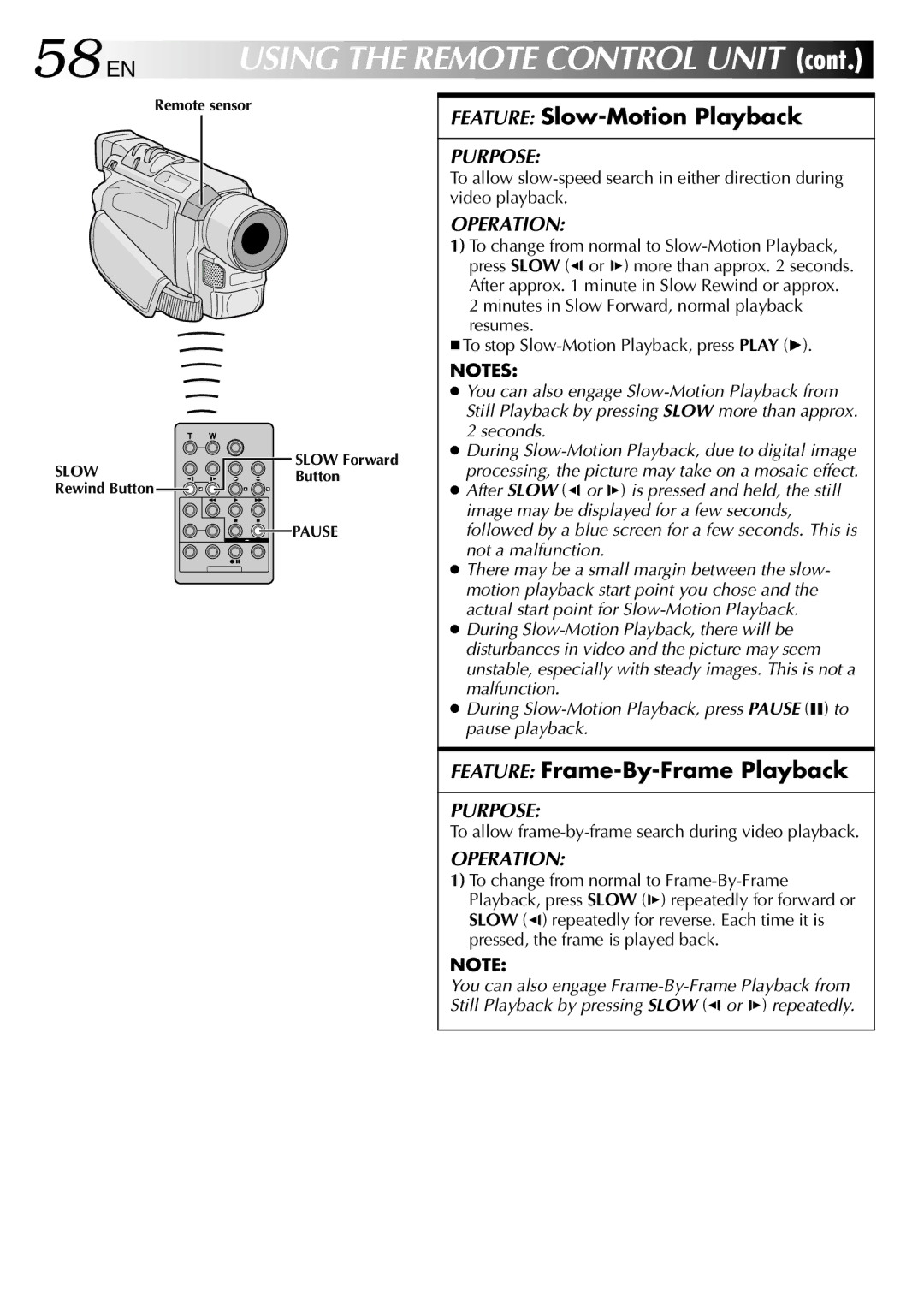 JVC GR-DVL512 specifications 58 EN, Feature Slow-Motion Playback, Feature Frame-By-Frame Playback 