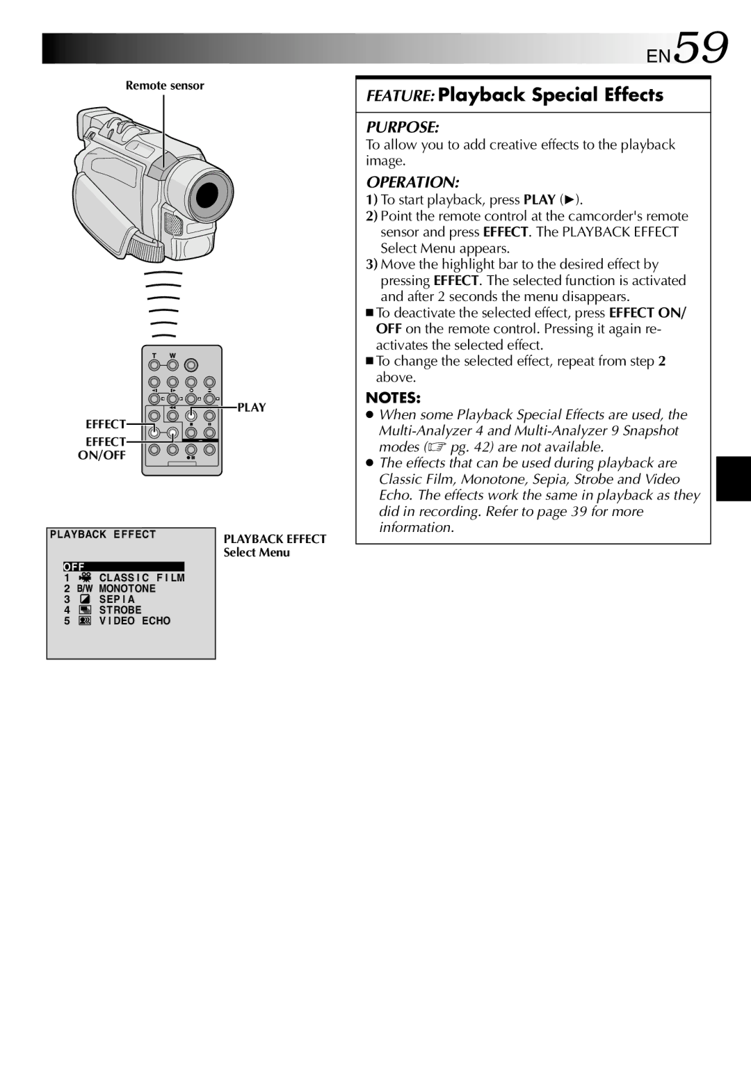 JVC GR-DVL512 EN59, Feature Playback Special Effects, To allow you to add creative effects to the playback image 