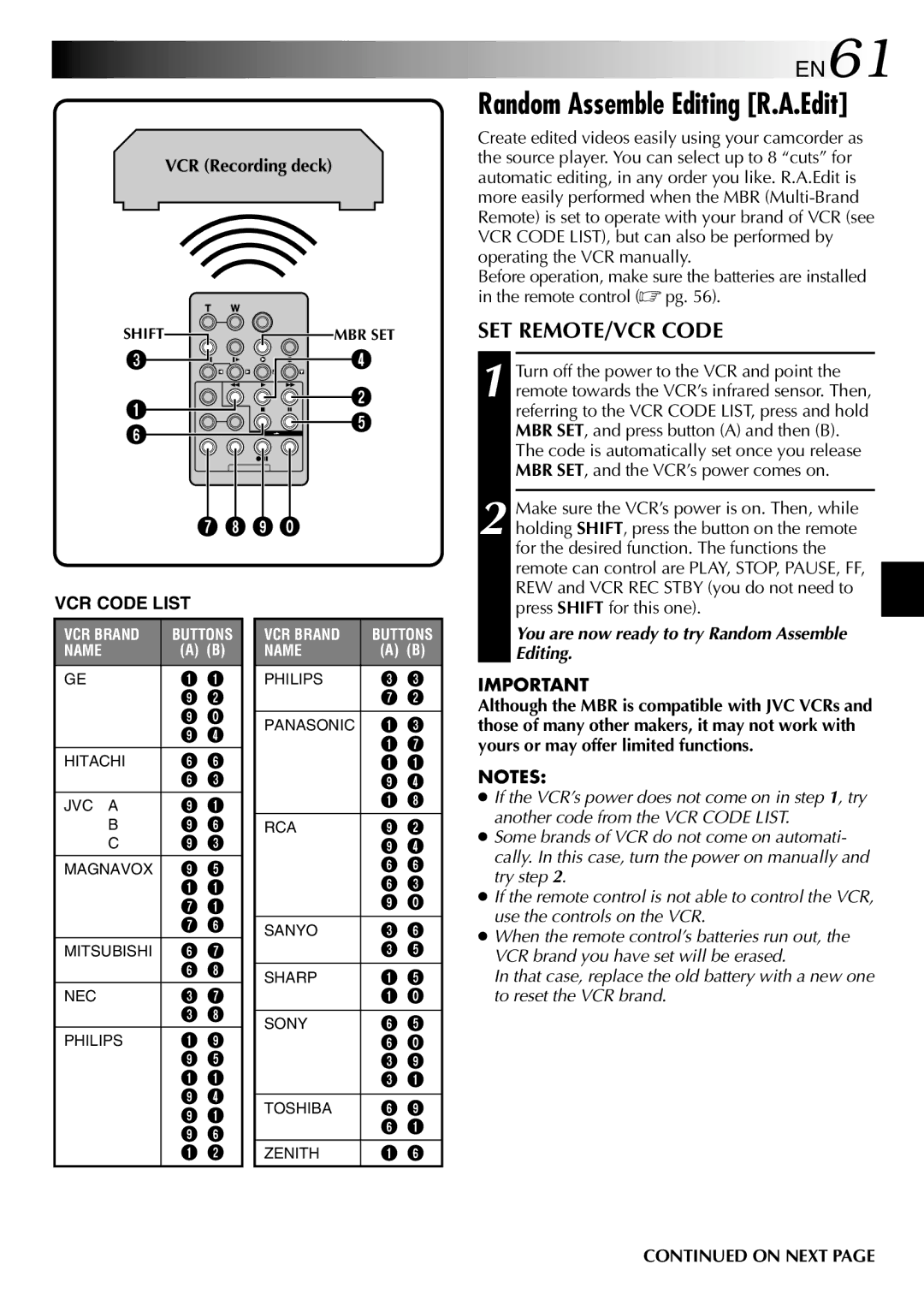 JVC GR-DVL512 specifications EN61, SET REMOTE/VCR Code, VCR Recording deck 