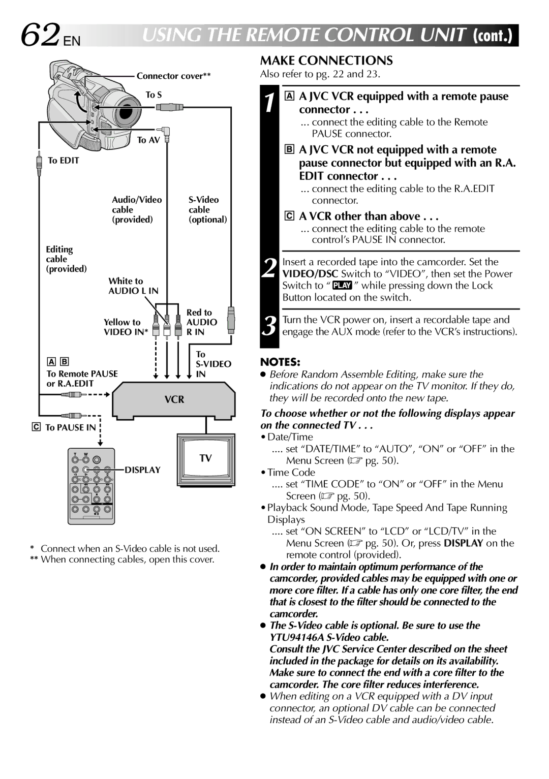 JVC GR-DVL512 specifications 62 EN, Make Connections, JVC VCR equipped with a remote pause connector, VCR other than above 