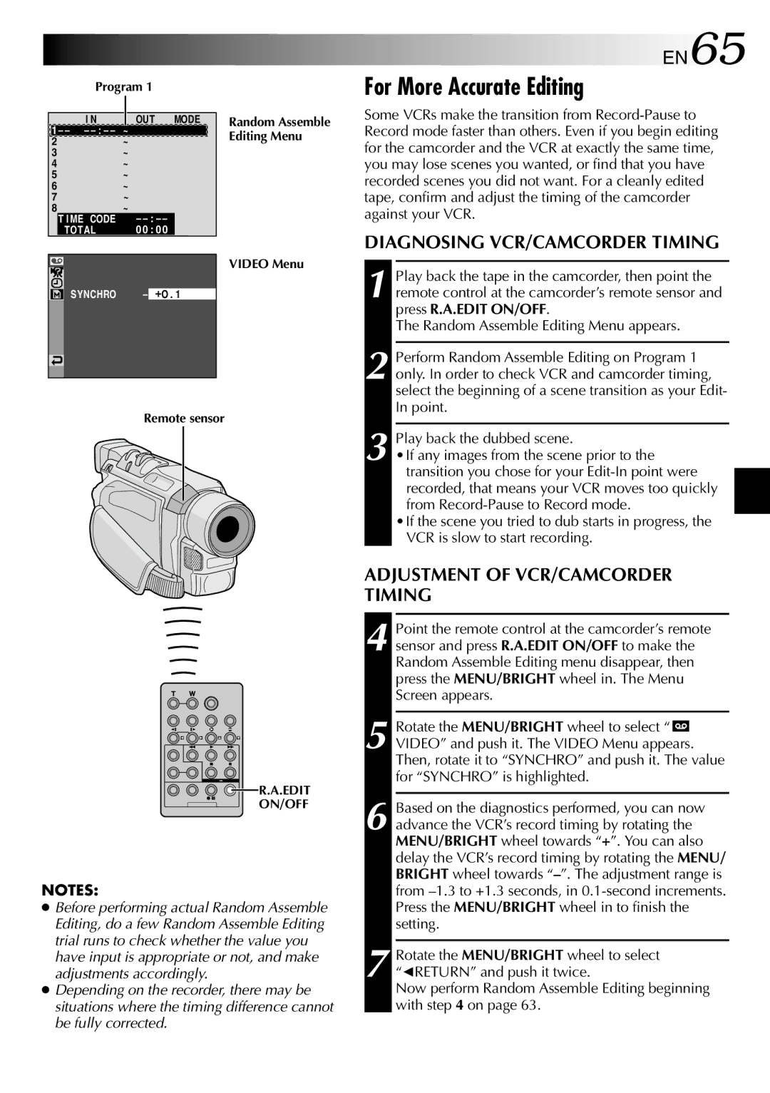 JVC GR-DVL512 For More Accurate Editing, EN65, Diagnosing VCR/CAMCORDER Timing, Adjustment of VCR/CAMCORDER Timing 