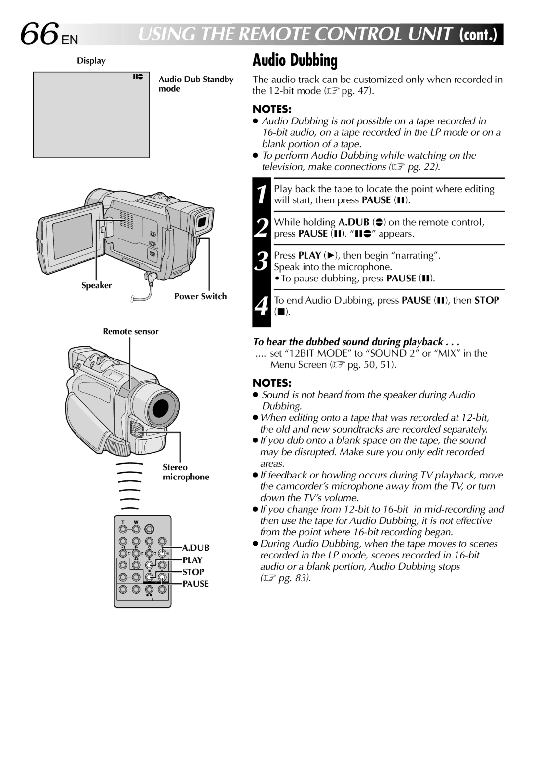 JVC GR-DVL512 specifications 66 EN, Audio Dubbing, To hear the dubbed sound during playback 