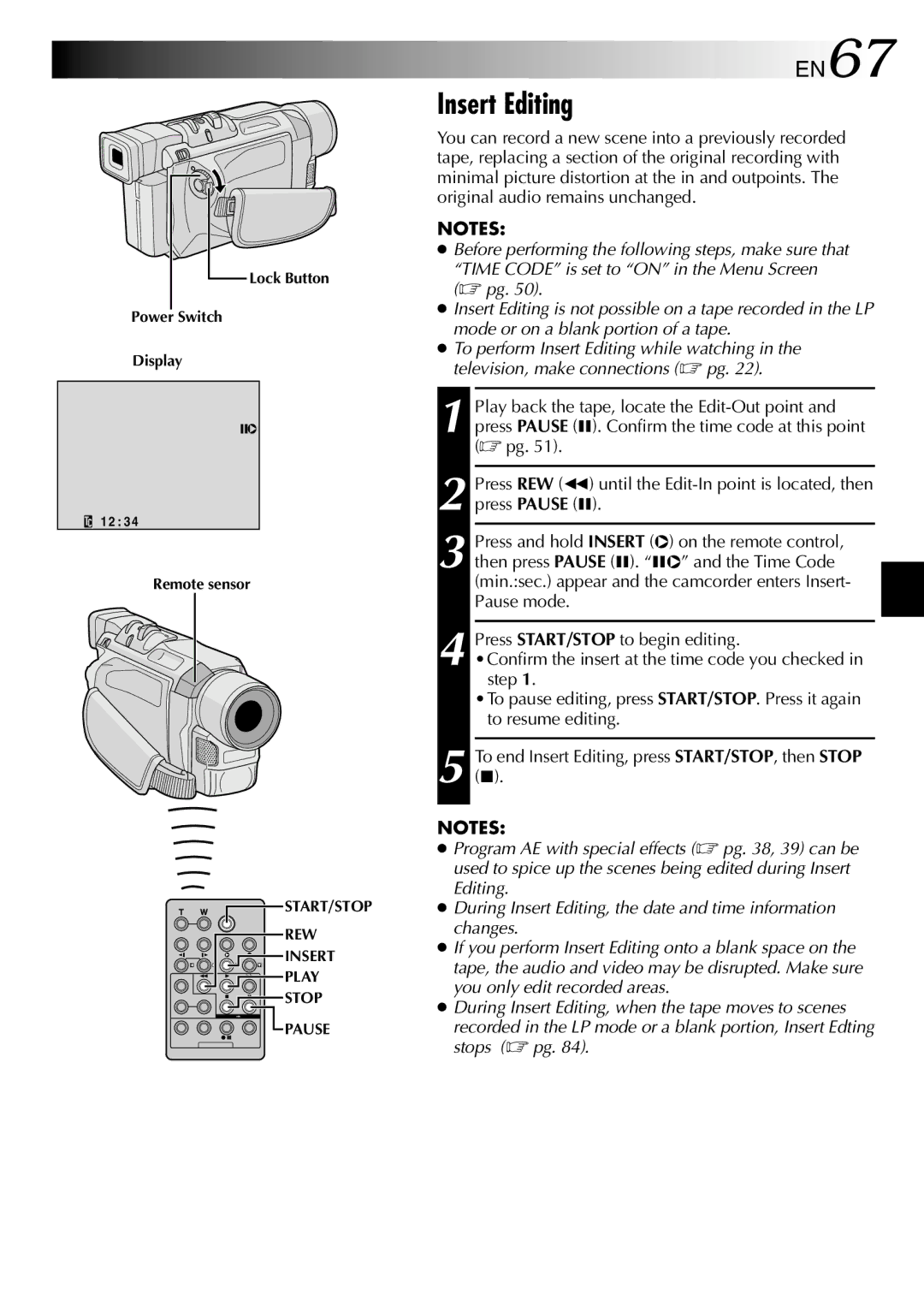 JVC GR-DVL512 specifications Insert Editing, EN67 