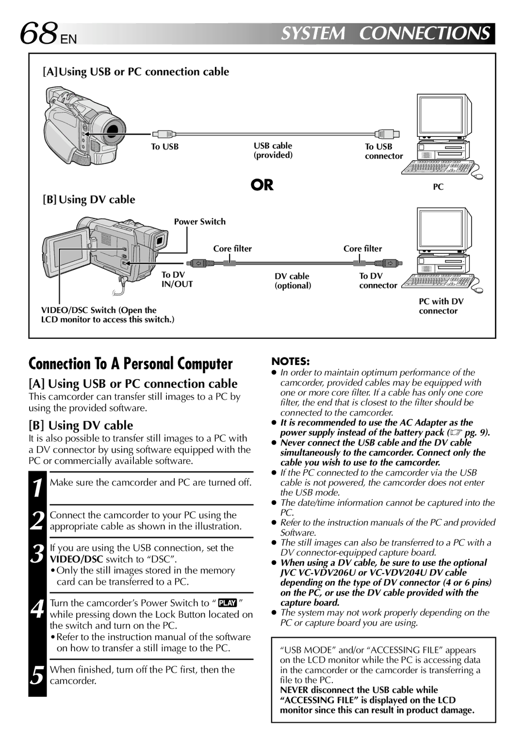 JVC GR-DVL512 specifications System, Using DV cable, AUsing USB or PC connection cable 