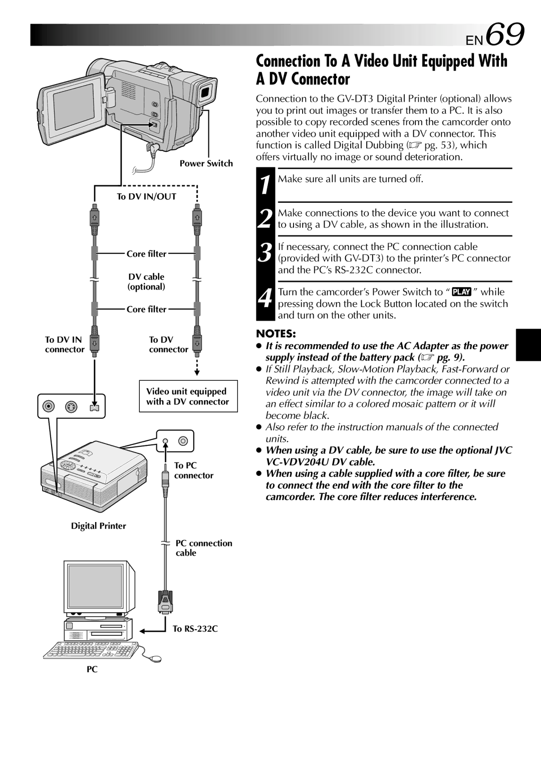 JVC GR-DVL512 specifications Connection To a Video Unit Equipped With a DV Connector, EN69 