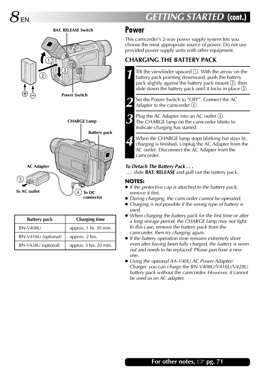 JVC GR-DVL512 specifications Power, Charging the Battery Pack, To Detach The Battery Pack 