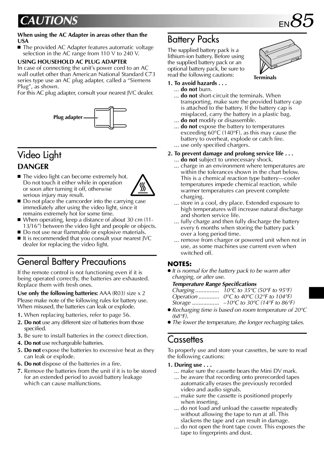 JVC GR-DVL512 specifications EN85, Usa 