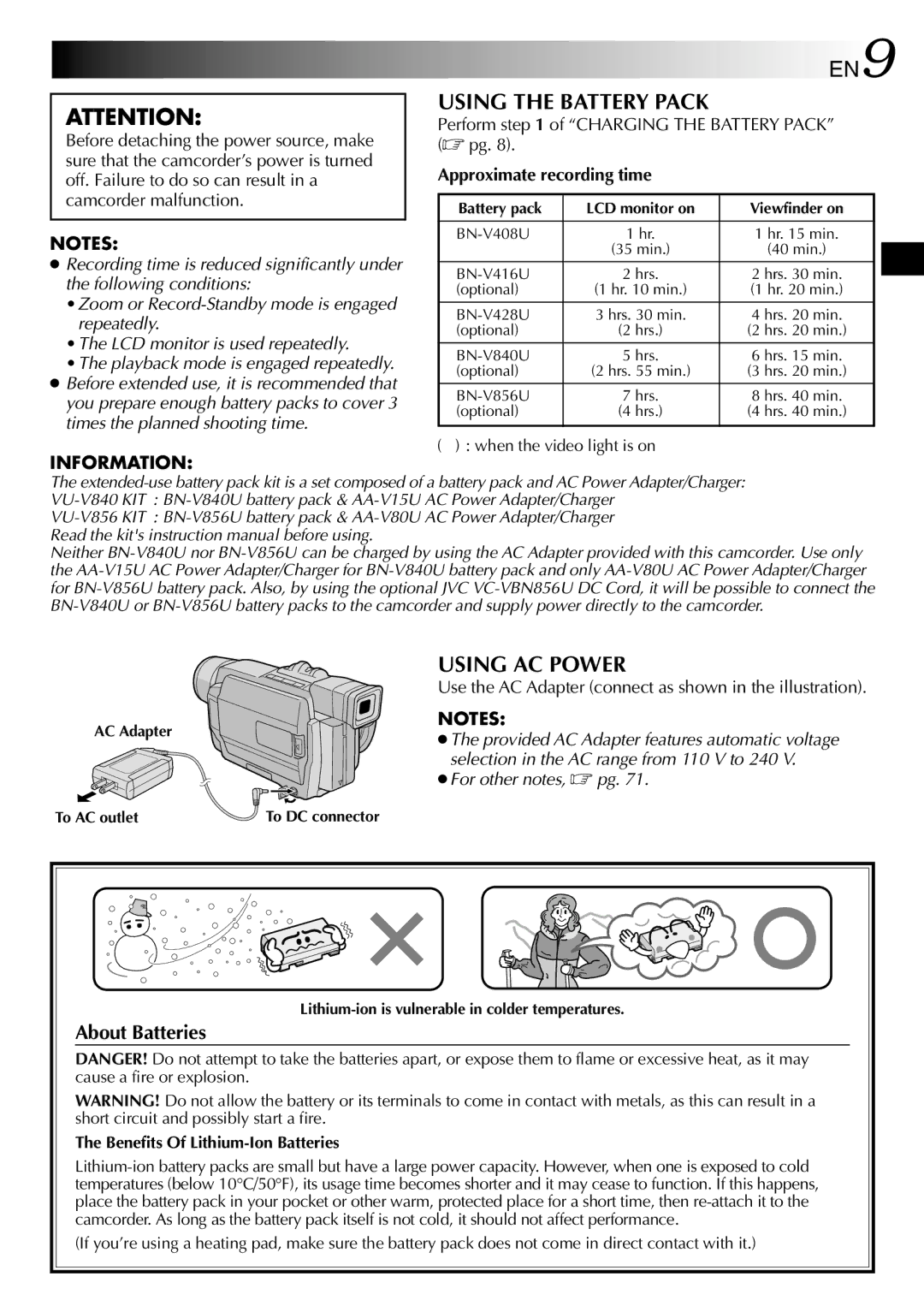 JVC GR-DVL512 Using the Battery Pack, Using AC Power, About Batteries, Selection in the AC range from 110 V to 240 