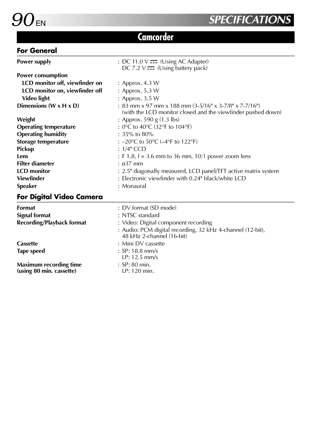 JVC GR-DVL512 specifications 90 EN, For General, For Digital Video Camera 