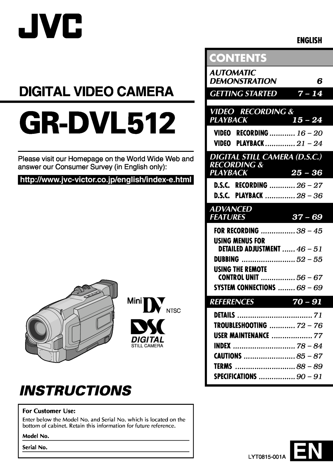 JVC GR-DVL512 specifications Contents, Automatic, Demonstration, Digital Video Camera, Instructions 