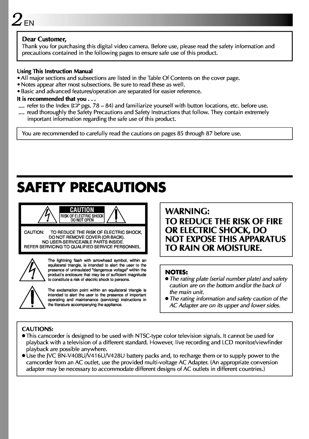 JVC GR-DVL512 specifications 2 EN, Safety Precautions, Dear Customer 