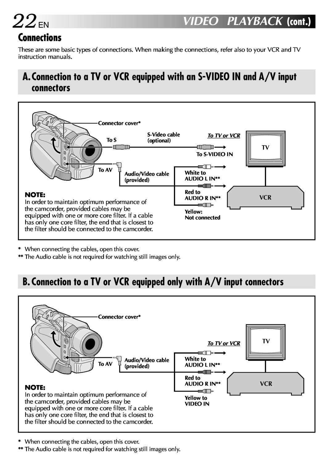 JVC GR-DVL512 specifications 22 EN, VIDEO PLAYBACK cont, Connections 
