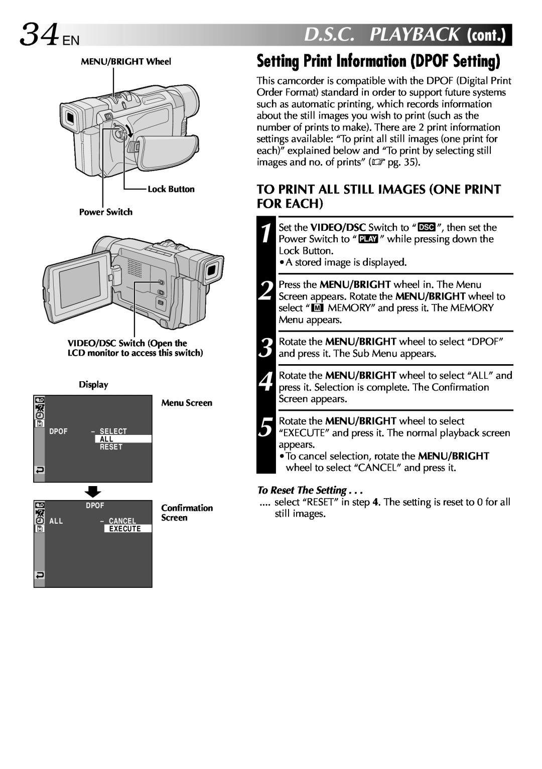 JVC GR-DVL512 specifications 34 EN, Setting Print Information DPOF Setting, To Print All Still Images One Print For Each 