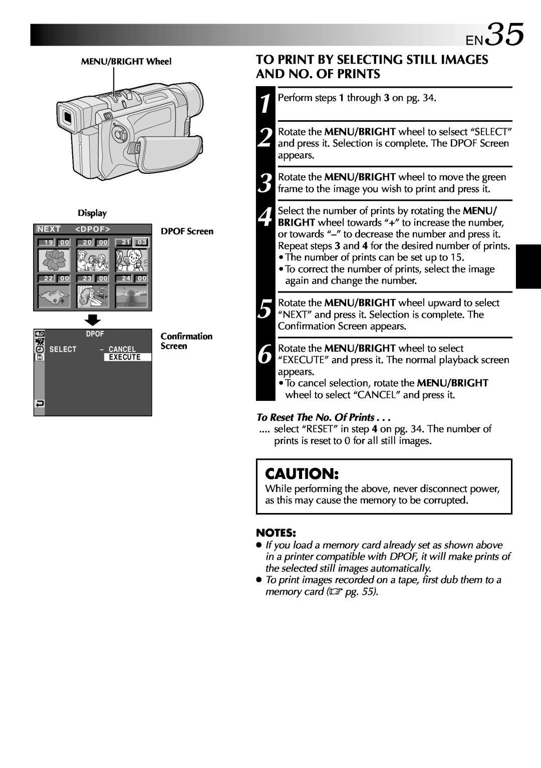 JVC GR-DVL512 specifications EN35, To Print By Selecting Still Images And No. Of Prints, To Reset The No. Of Prints 