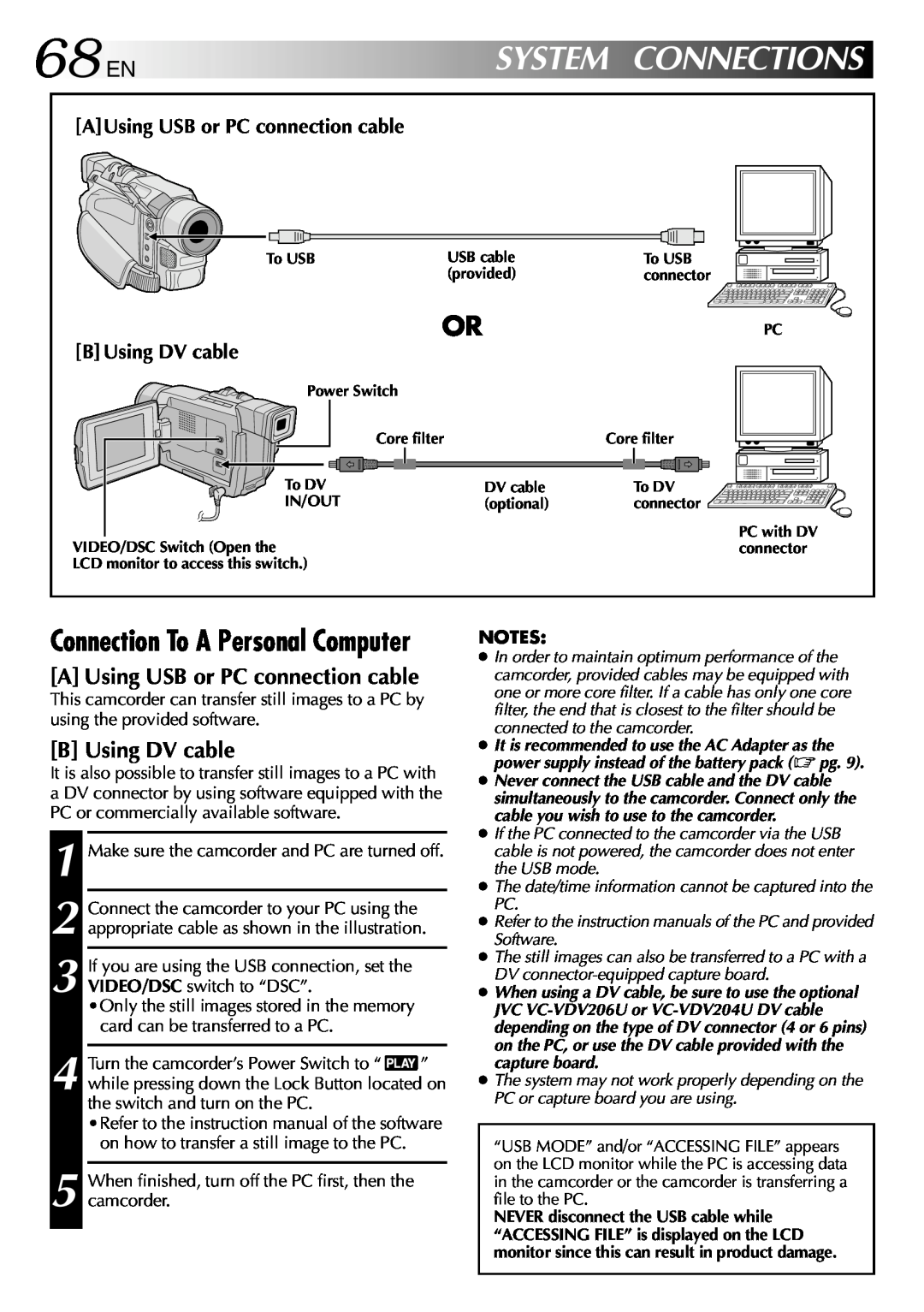 JVC GR-DVL512 68 EN, System, Connections, Connection To A Personal Computer, A Using USB or PC connection cable 