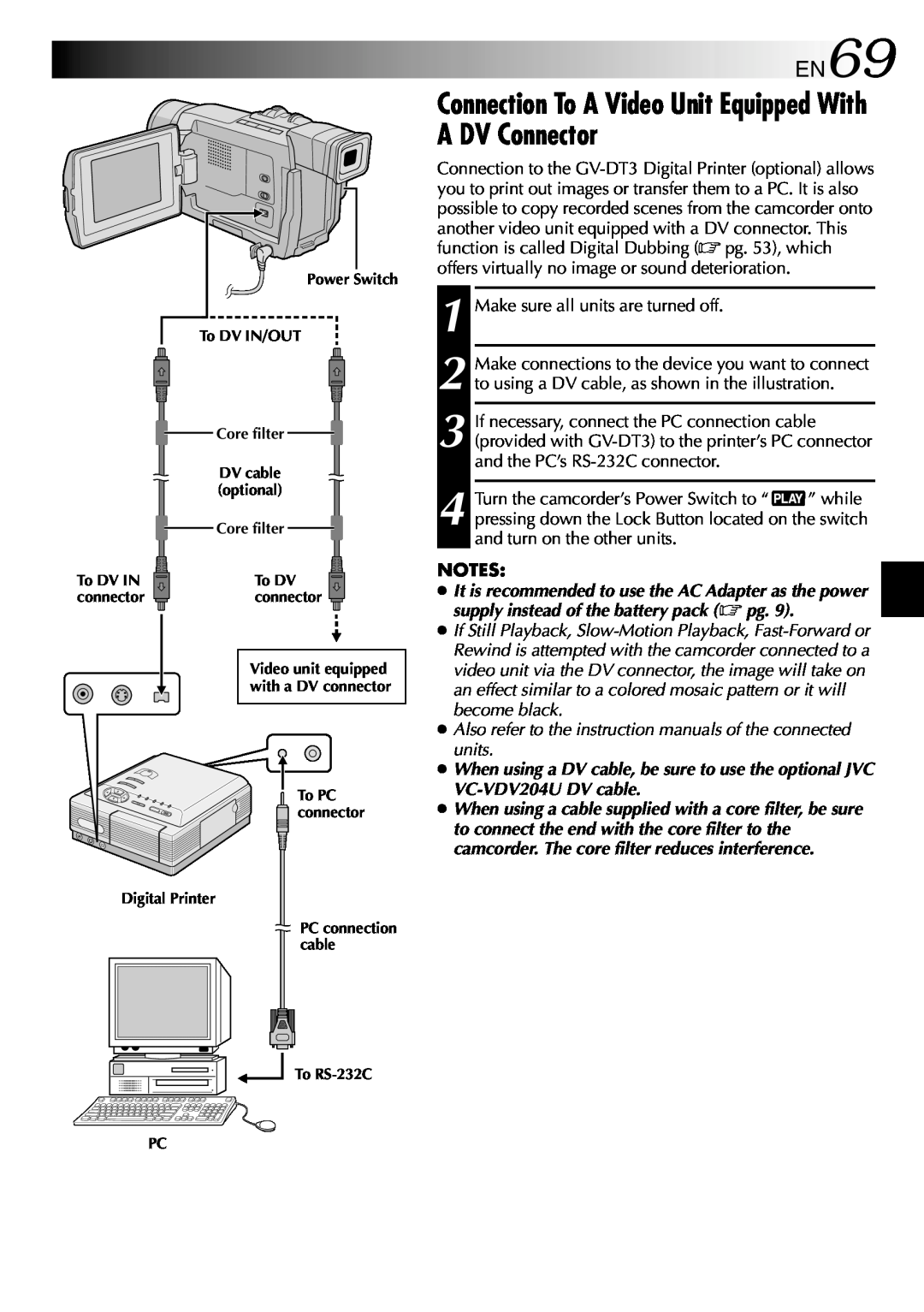 JVC GR-DVL512 specifications Connection To A Video Unit Equipped With A DV Connector, EN69 