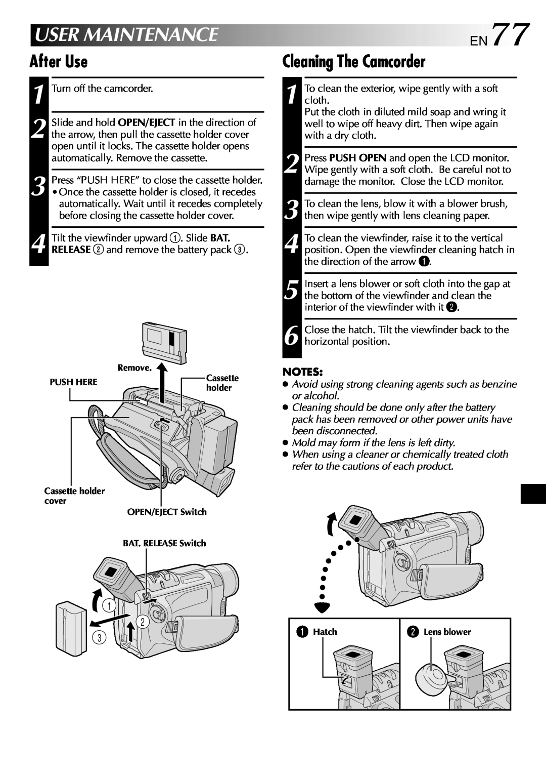 JVC GR-DVL512 specifications User Maintenance, After Use, Cleaning The Camcorder, EN77, Remove, Push Here, holder, 1Hatch 