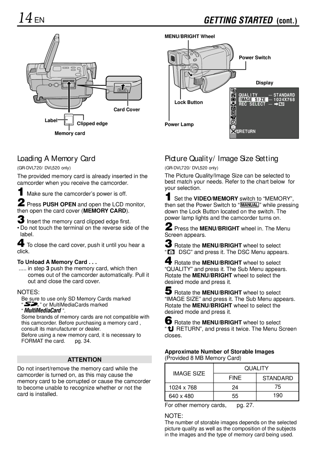 JVC GR-DVL520, GR-DVL720 14 EN, Loading a Memory Card, Picture Quality/Image Size Setting, To Unload a Memory Card 