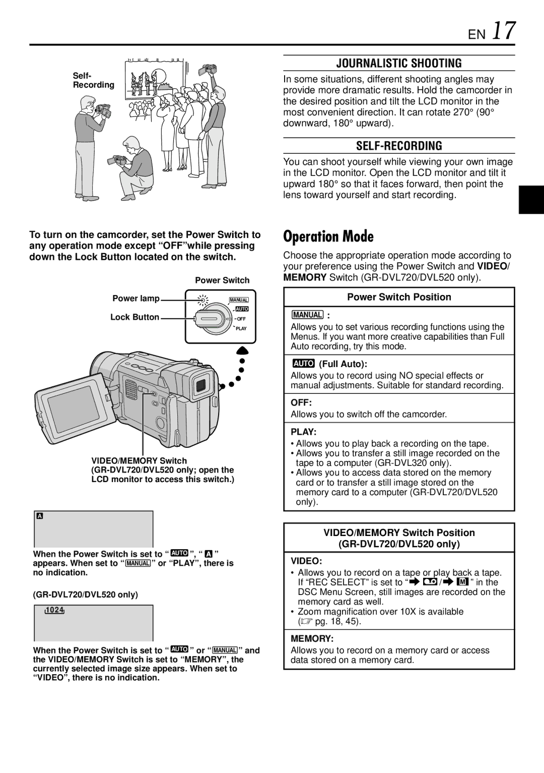 JVC GR-DVL720, GR-DVL520 instruction manual Operation Mode, Journalistic Shooting, Self-Recording, Power Switch Position 