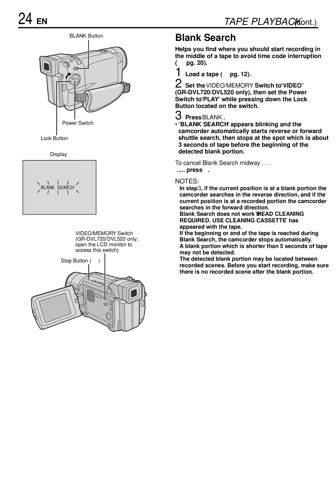 JVC GR-DVL520, GR-DVL720 instruction manual 24 EN, To cancel Blank Search midway, Press, Blank Button 