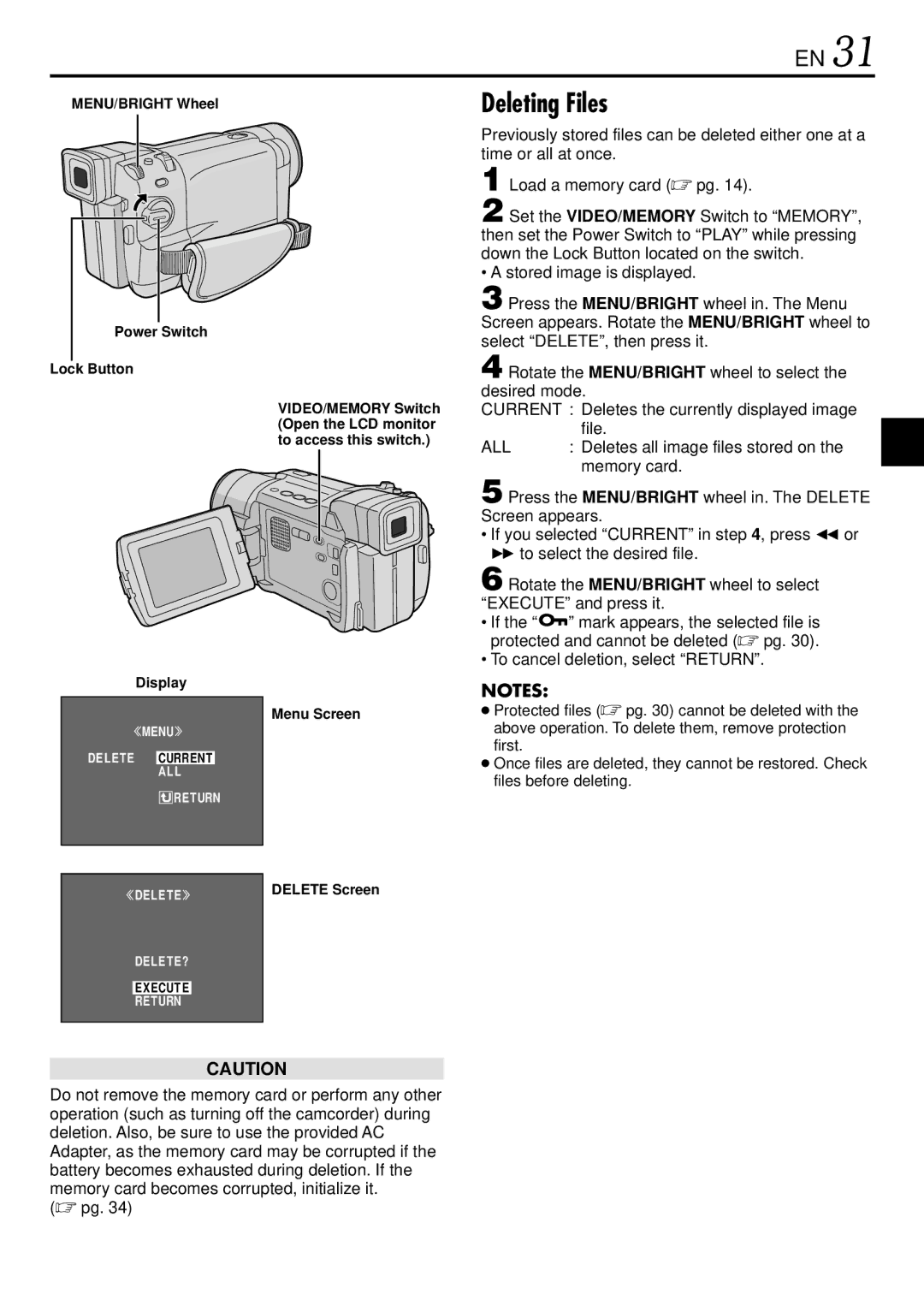 JVC GR-DVL720, GR-DVL520 Deleting Files, To cancel deletion, select Return, MENU/BRIGHT Wheel Power Switch Lock Button 